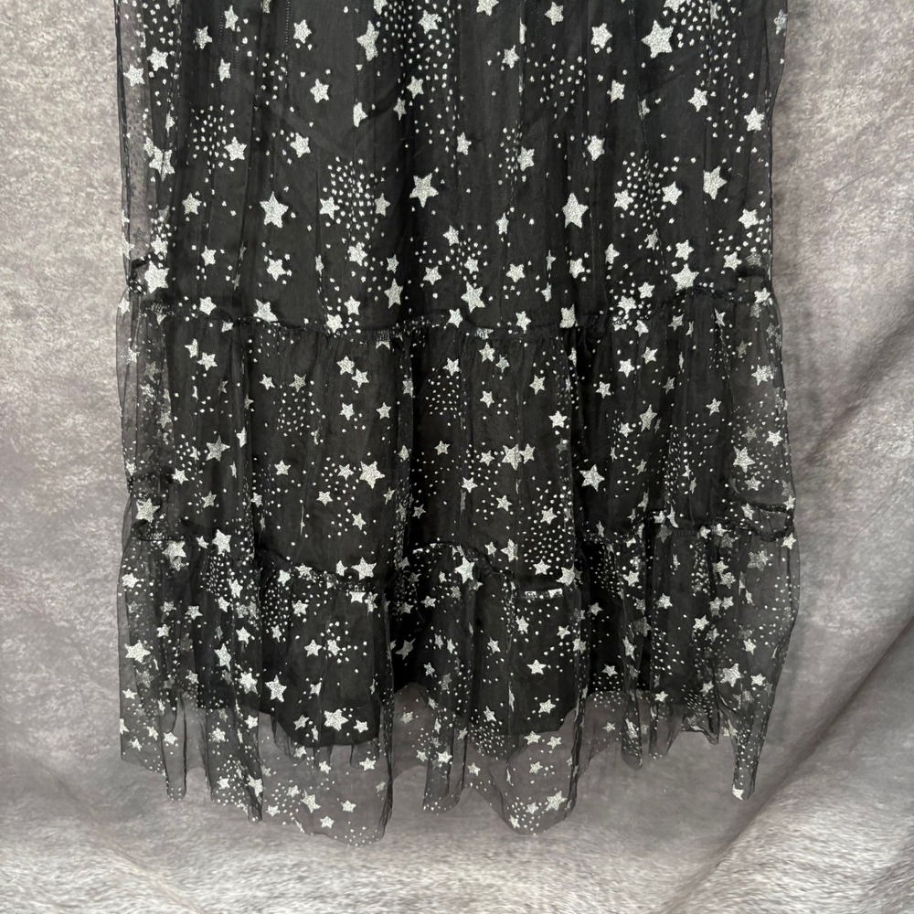 Betsey Johnson Celestial Star Print Mesh Tiered Midi Dress Size 8 Black Silver - Picture 4 of 14